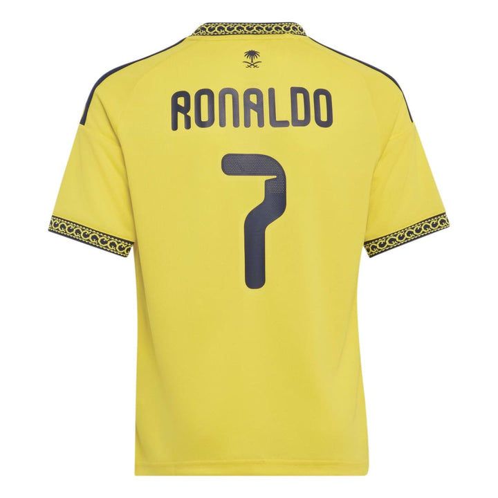 Yellow short-sleeve soccer jersey shown from the back, with 'RONALDO' and the number 7 printed in dark navy on the back, plus decorative black-and-gold patterned trim at the collar and sleeve cuffs.