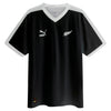 Black sports jersey with white accents and logos on a white background