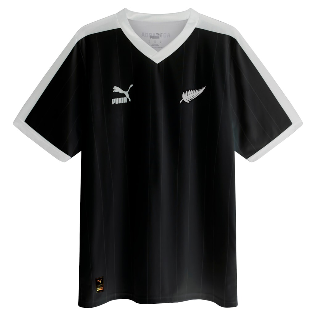 Black sports jersey with white accents and logos on a white background