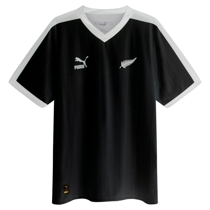 Black sports jersey with white accents and logos on a white background