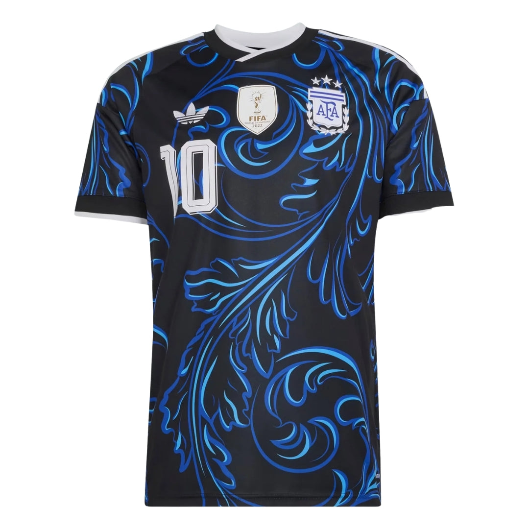 Black soccer jersey with blue patterns and Adidas logo on a white background