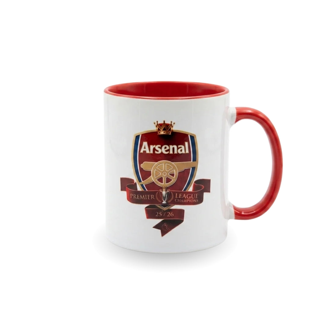 White mug with red interior and handle featuring Arsenal logo on a white background