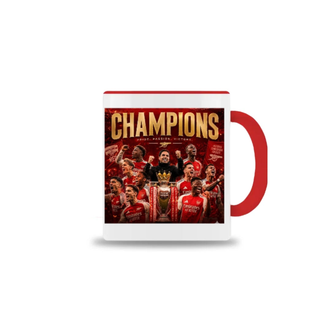 Mug with a sports team celebrating with 'Champions' text on a white background