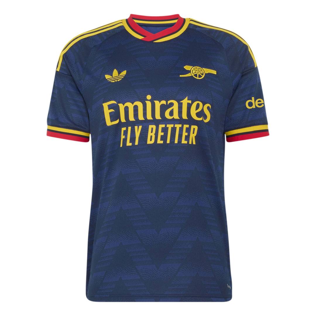 A dark blue Arsenal football jersey with yellow and red accents, featuring the Adidas logo, Arsenal crest, and Emirates Fly Better sponsor text.