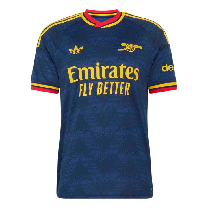 A dark blue Arsenal football jersey with yellow and red accents, featuring the Adidas logo, Arsenal crest, and Emirates Fly Better sponsor text.