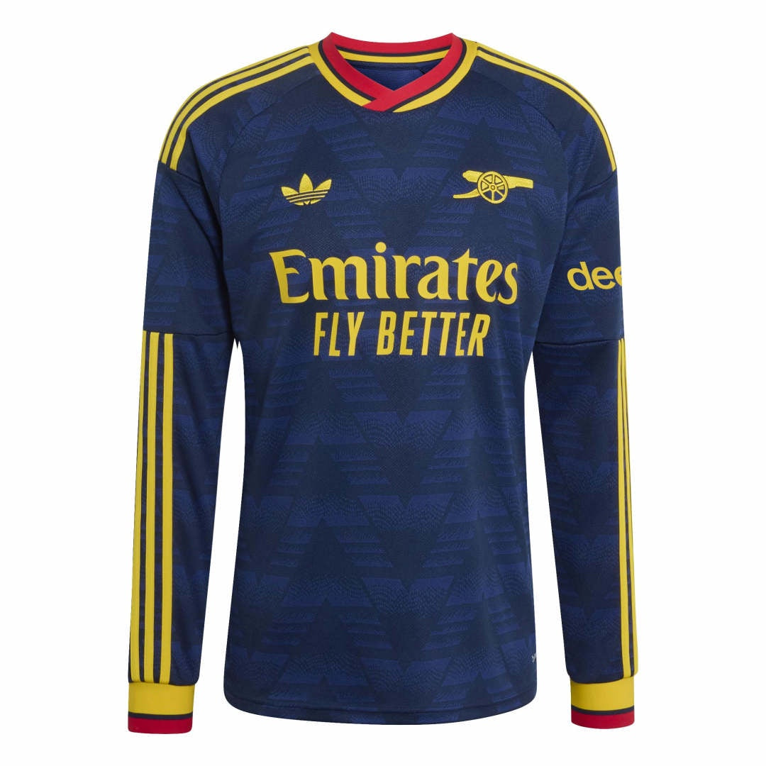 A long-sleeve Arsenal football jersey in navy blue with yellow and red accents, featuring the Adidas logo, Arsenal crest, and Emirates Fly Better sponsor text.