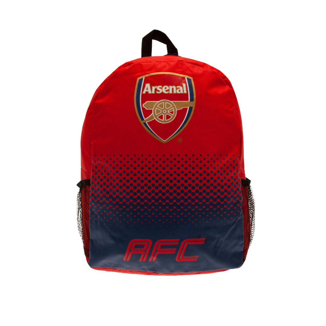 A red and navy blue Arsenal backpack with a gradient pattern, featuring the Arsenal club crest on the front and 'AFC' text on the bottom.