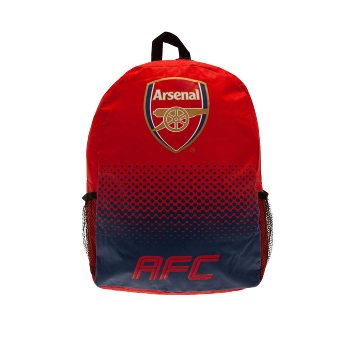 A red and navy blue Arsenal backpack with a gradient pattern, featuring the Arsenal club crest on the front and 'AFC' text on the bottom.