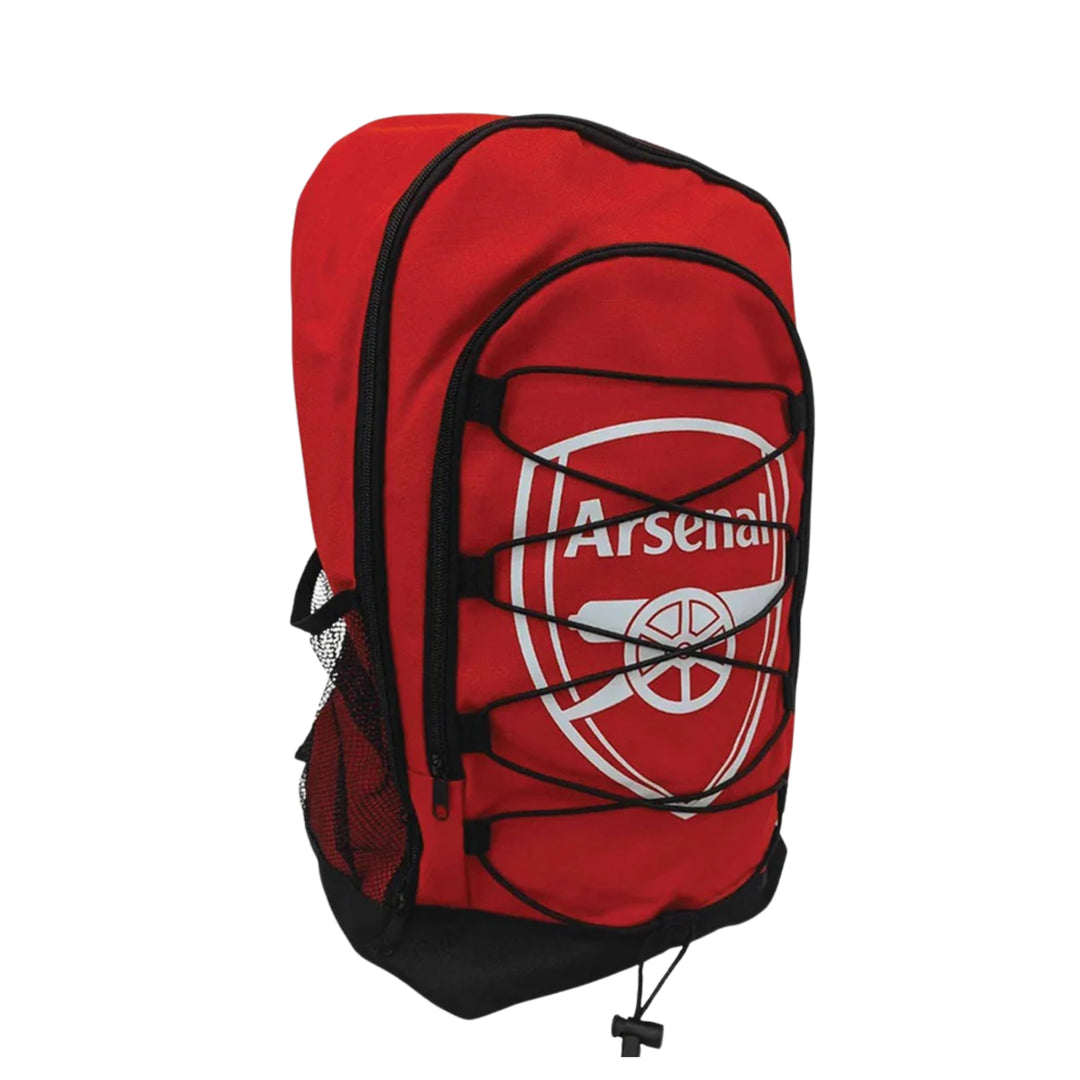 A red Arsenal backpack with black trim and a large white Arsenal club crest printed on the front pocket, shown against a plain white background.