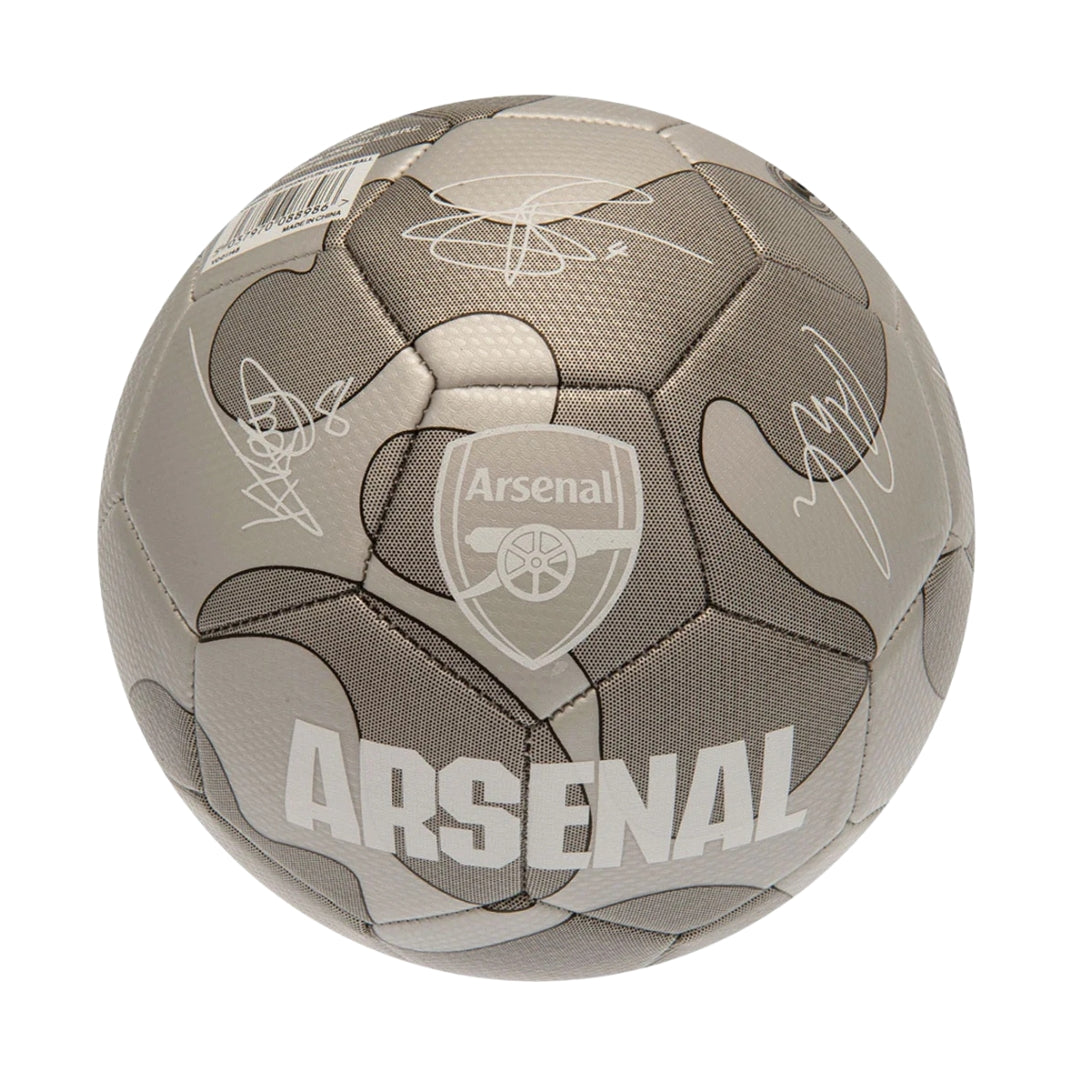 Arsenal soccer ball with signatures on a white background