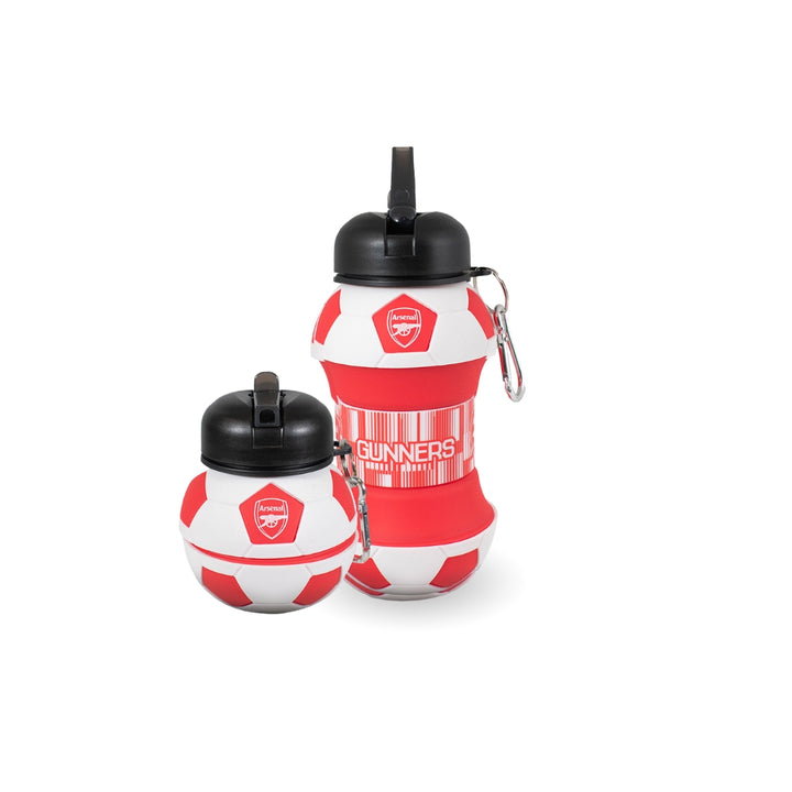 Two Arsenal football-themed tumblers on a white background, one larger and one smaller, both with black lids and red-and-white striped soccer ball designs.