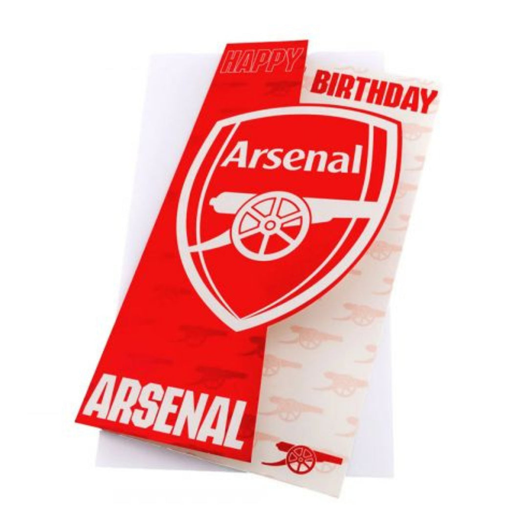 An Arsenal-themed birthday card featuring the club's red and white crest, with 'HAPPY BIRTHDAY' text, shown on a plain white background.