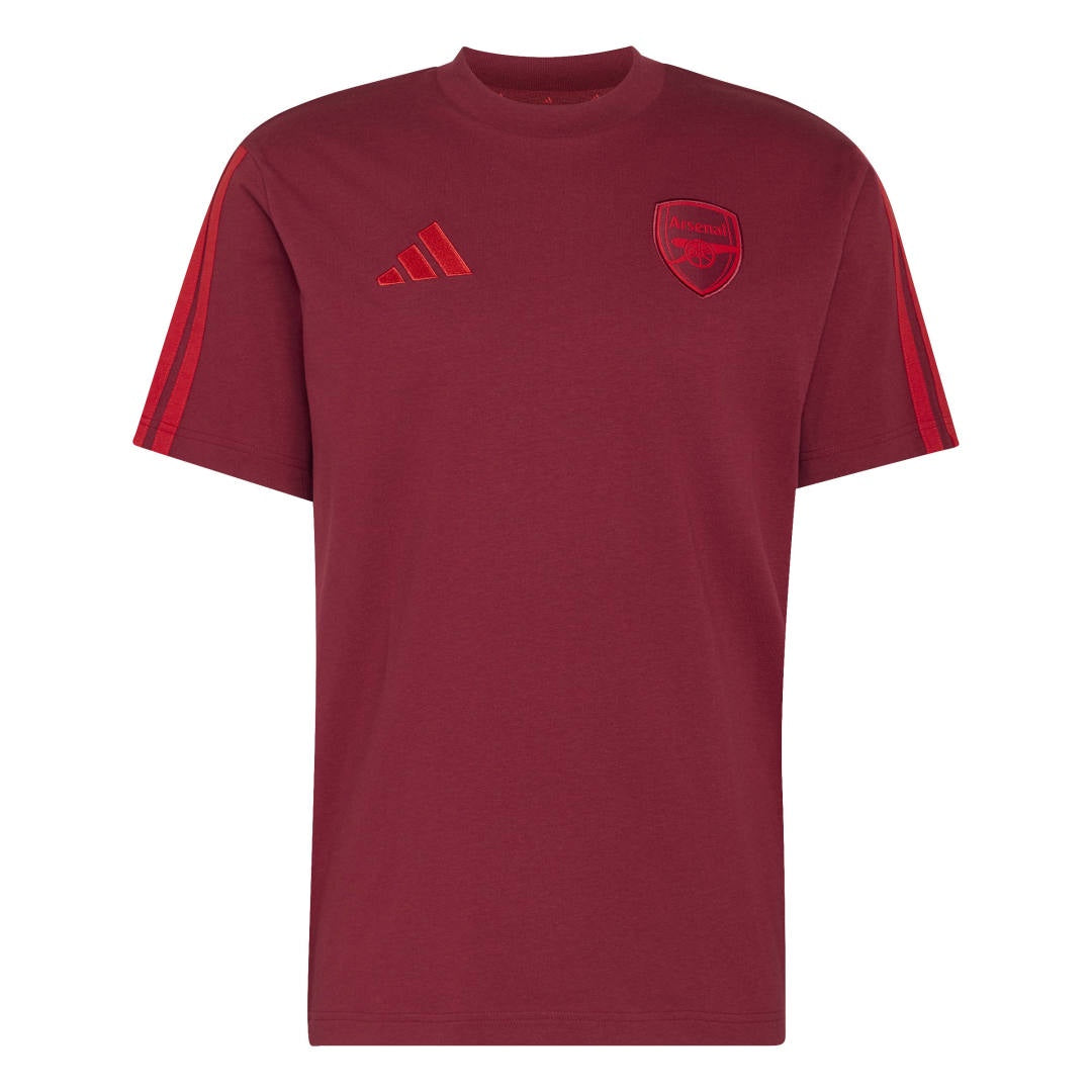 Maroon t-shirt with Adidas logo and shield emblem on a white background