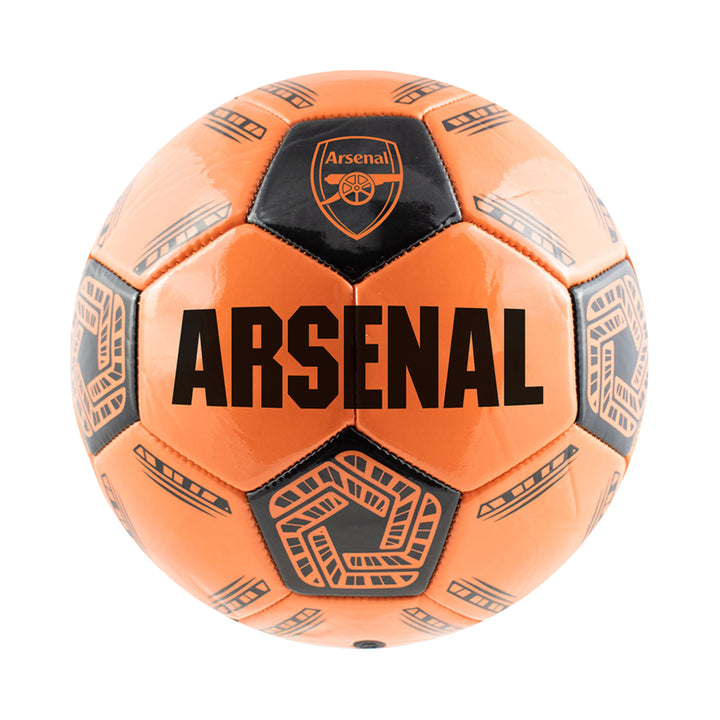 An orange and black Arsenal soccer ball with the club's crest and 'ARSENAL' text printed on the panels, isolated on a white background.