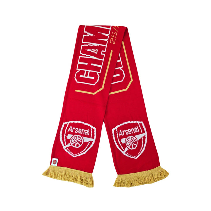 Red Arsenal scarf with white text and logo on a white background