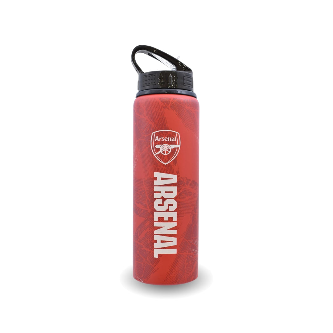 Red water bottle with Arsenal logo on a white background