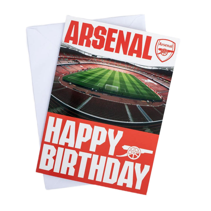Arsenal birthday card with stadium image and red and white design