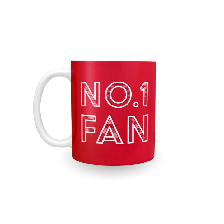A red ceramic mug with a white handle and white printed text reading 'NO.1 FAN' on a clean white background.