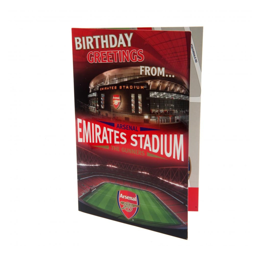 Birthday card with Arsenal Emirates Stadium design on a white background