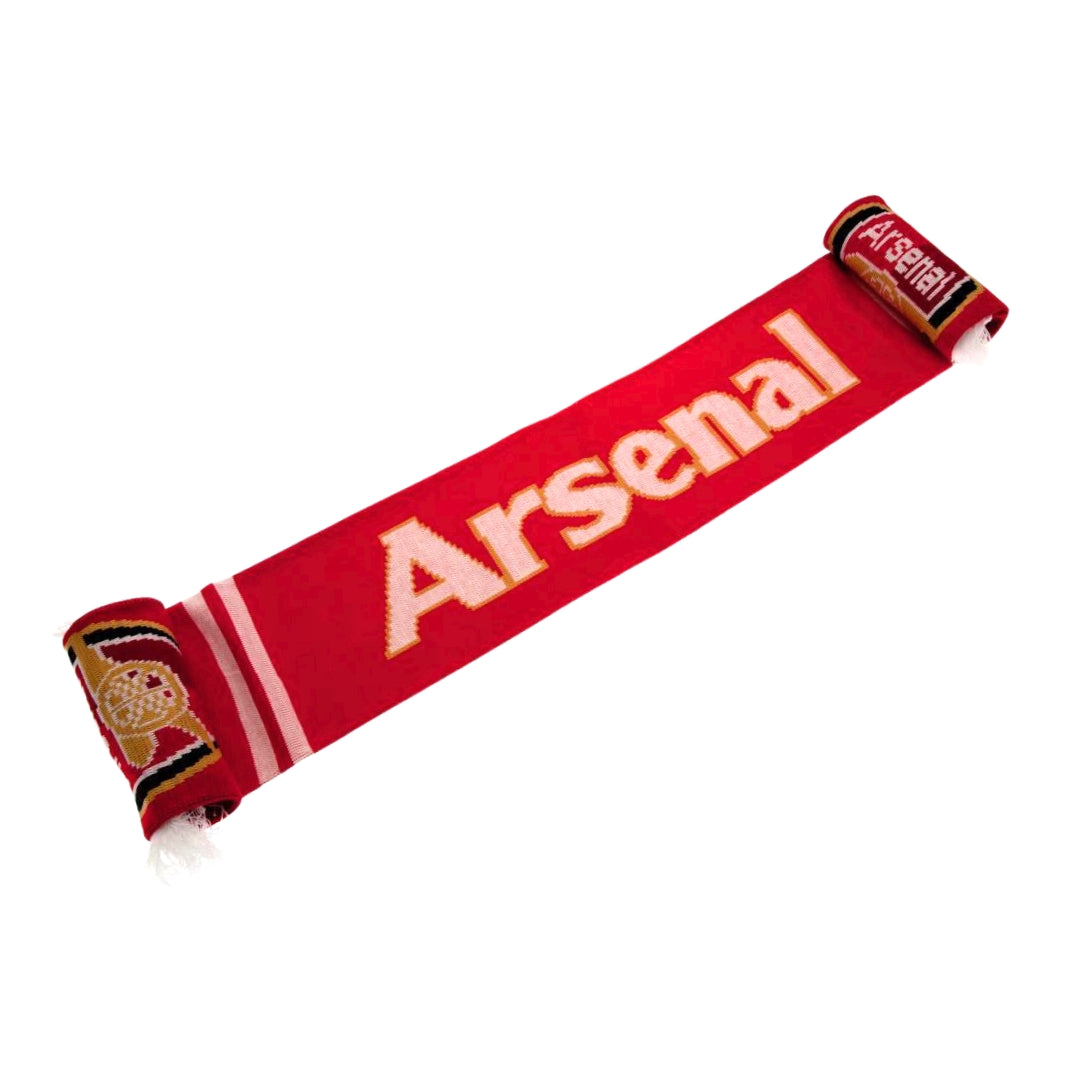 Red Arsenal scarf with white text on a white background