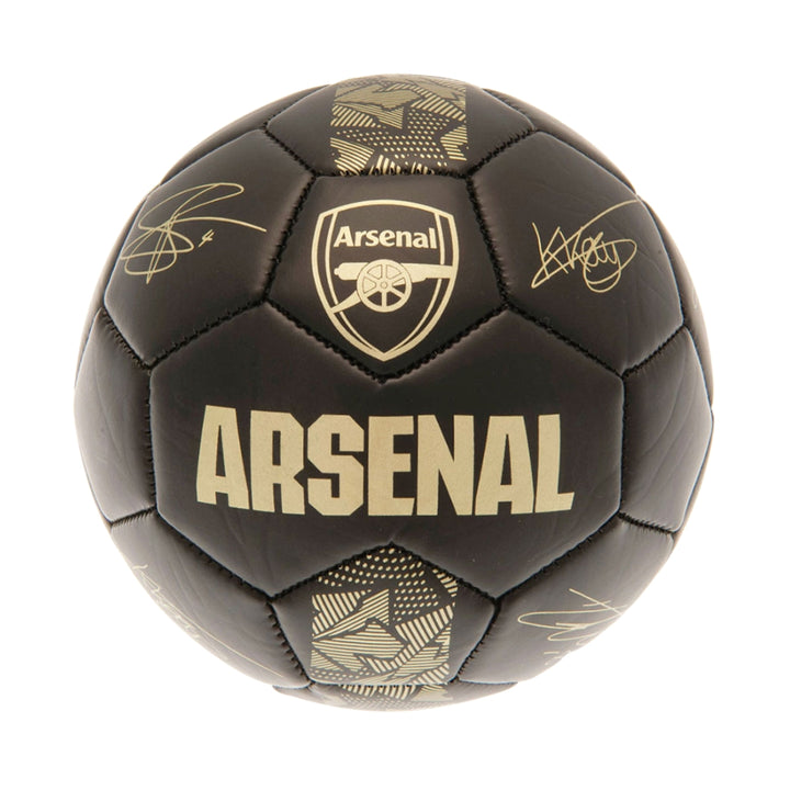 Black and gold Arsenal soccer ball with branding on a white background