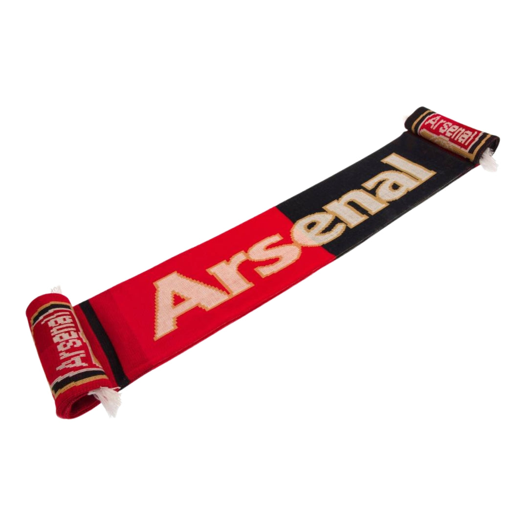 Red and black Arsenal scarf on a white background