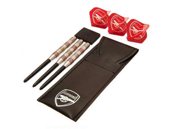 Dart set with three darts and three red dart flights on a black carrying case with a logo.