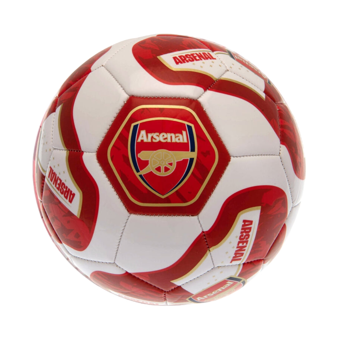 Red and white soccer ball with Arsenal logo on a white background