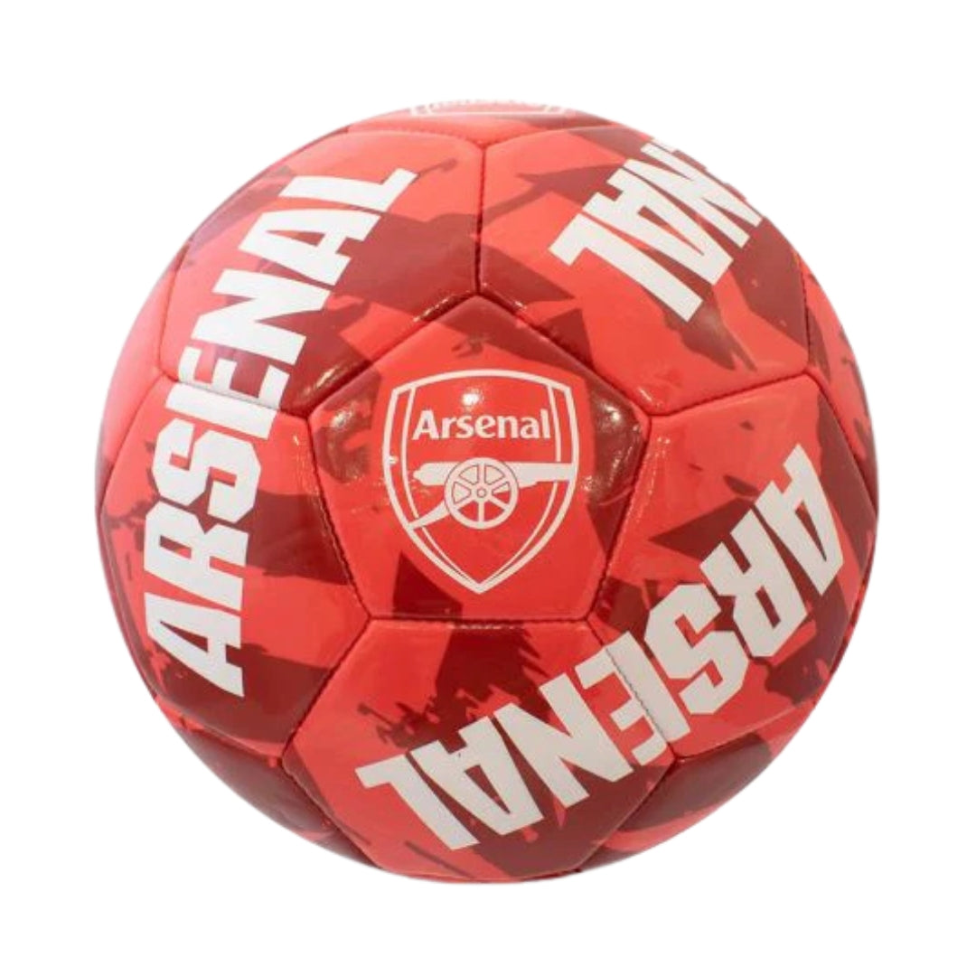 Red Arsenal soccer ball with white text on a white background