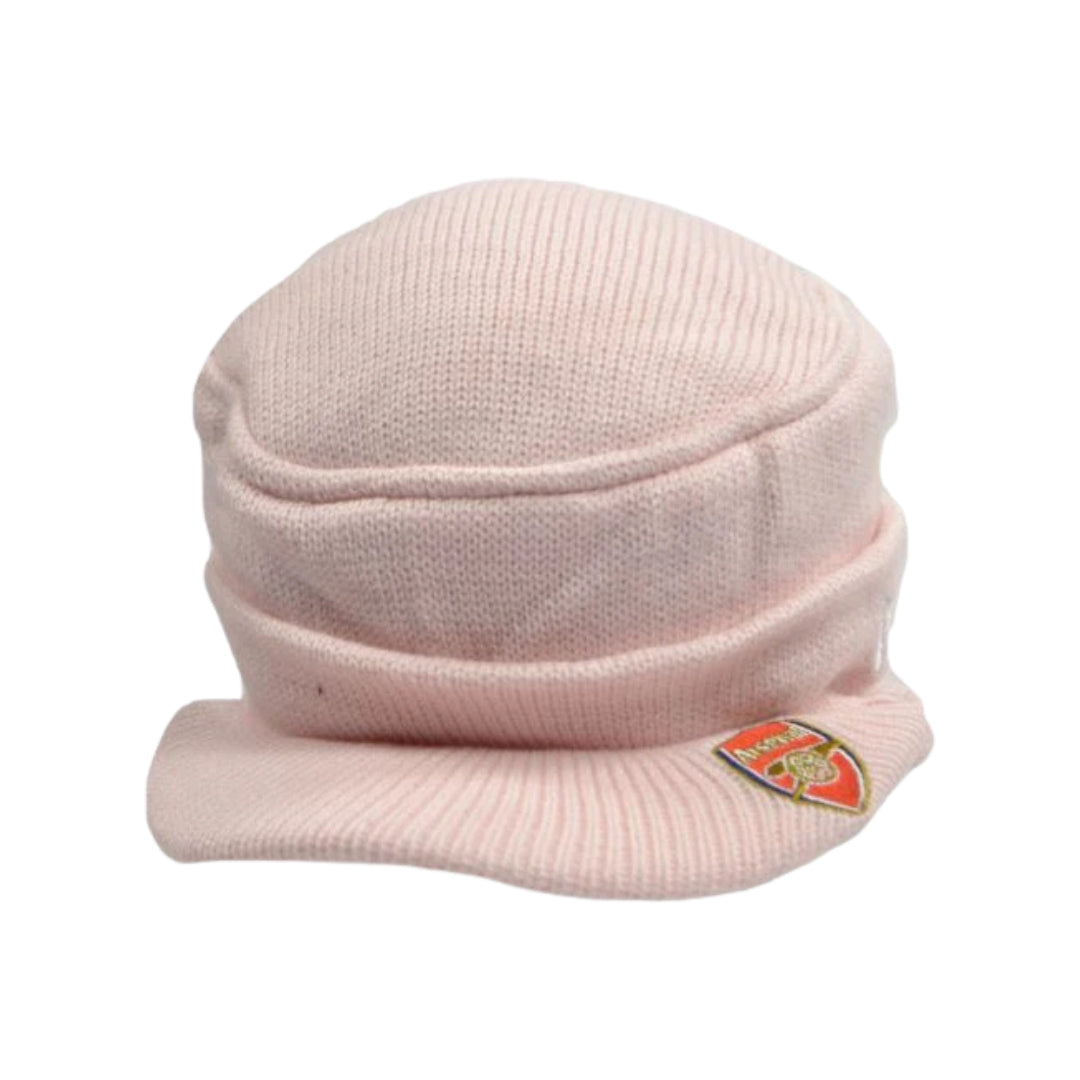 Pink knit cap with a logo on a white background