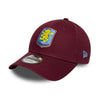 A maroon New Era 9FORTY baseball cap featuring the Aston Villa football club crest on the front and a silver metallic size sticker on the brim, set against a plain white background.