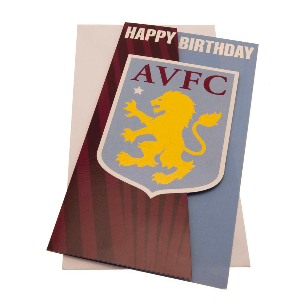 Birthday card with AVFC logo and lion emblem on a striped background