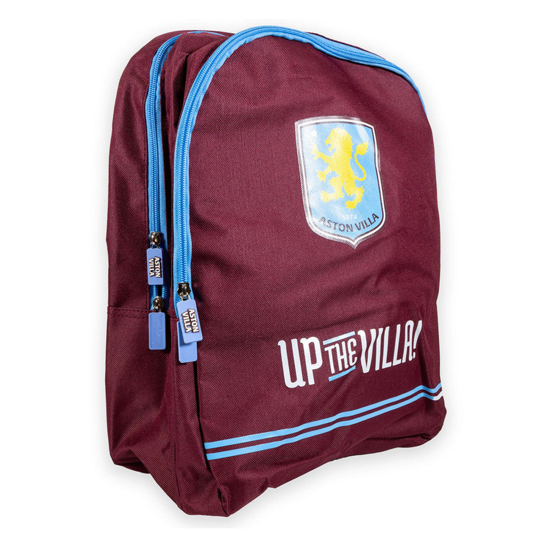 A maroon backpack featuring the Aston Villa football club crest and 'UP THE VILLAGE' text, with light blue zippers and trim, shown on a white background.