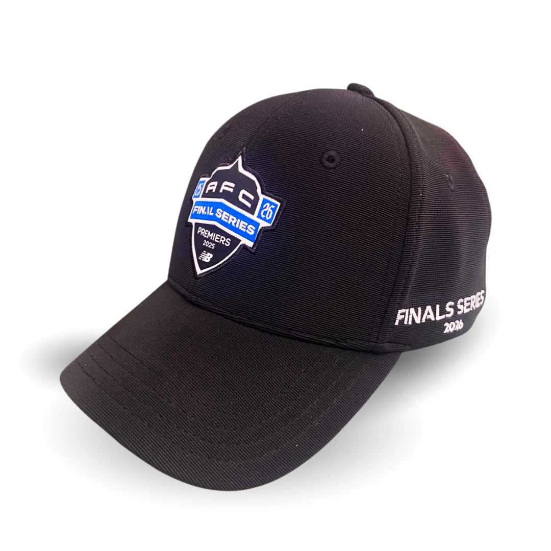 Black cap with a logo and text on a white background