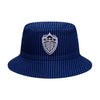 Blue bucket hat with a logo on a white background