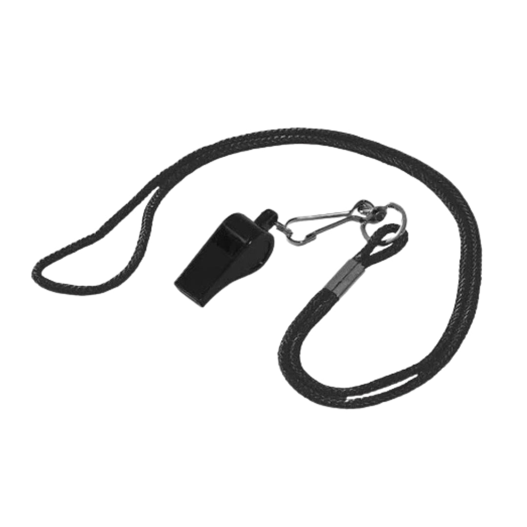 Black whistle with lanyard on a white background