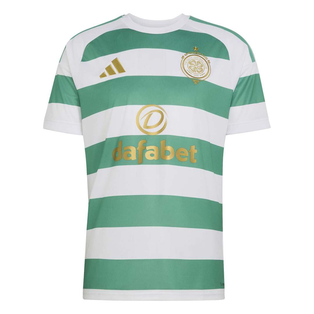 Green and white striped sports jersey with Adidas and Dafabet logos on a white background
