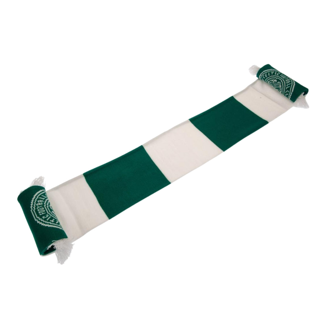 Green and white striped scarf with a logo on a white background