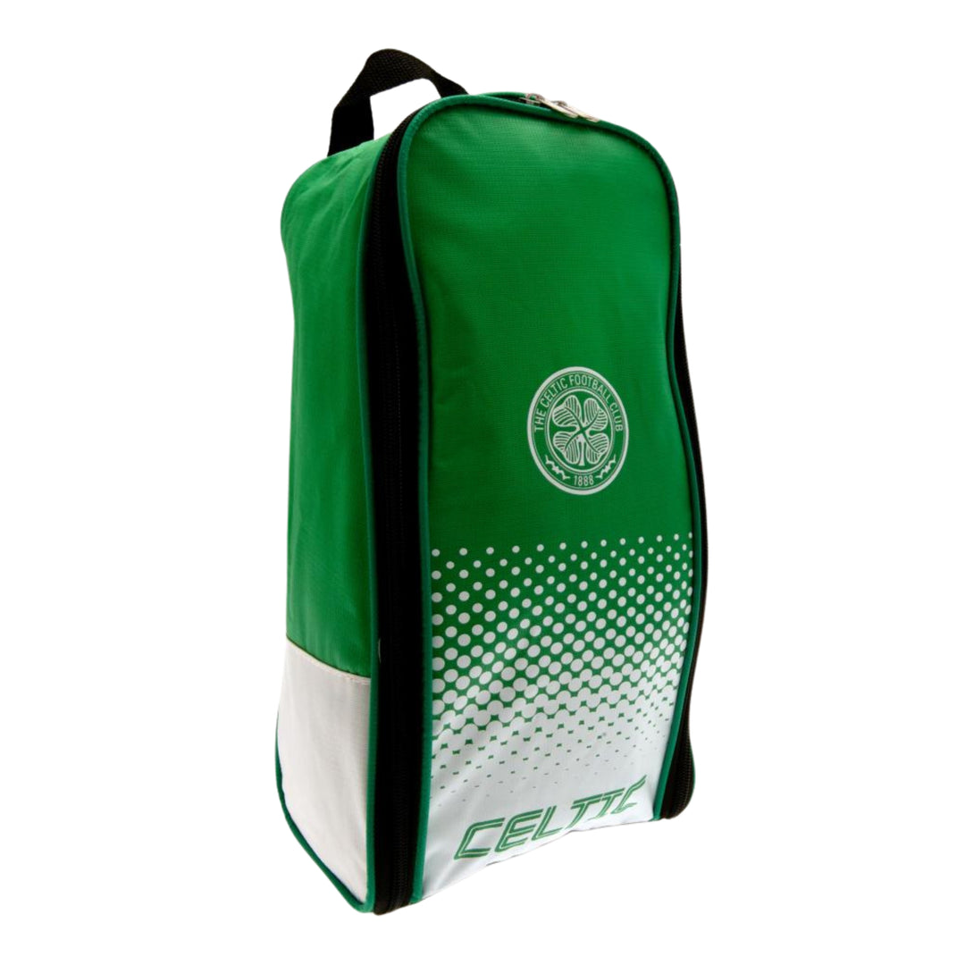 A green and white Celtic FC boot bag with black trim, featuring the club's circular crest and 'CELTIC' text on a white gradient lower section, set against a plain white background.