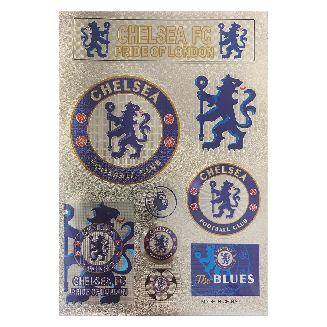 Chelsea Football Club themed sticker sheet featuring the club's blue lion crest, 'Chelsea FC Pride of London' text, and several round and rectangular stickers on a light background.