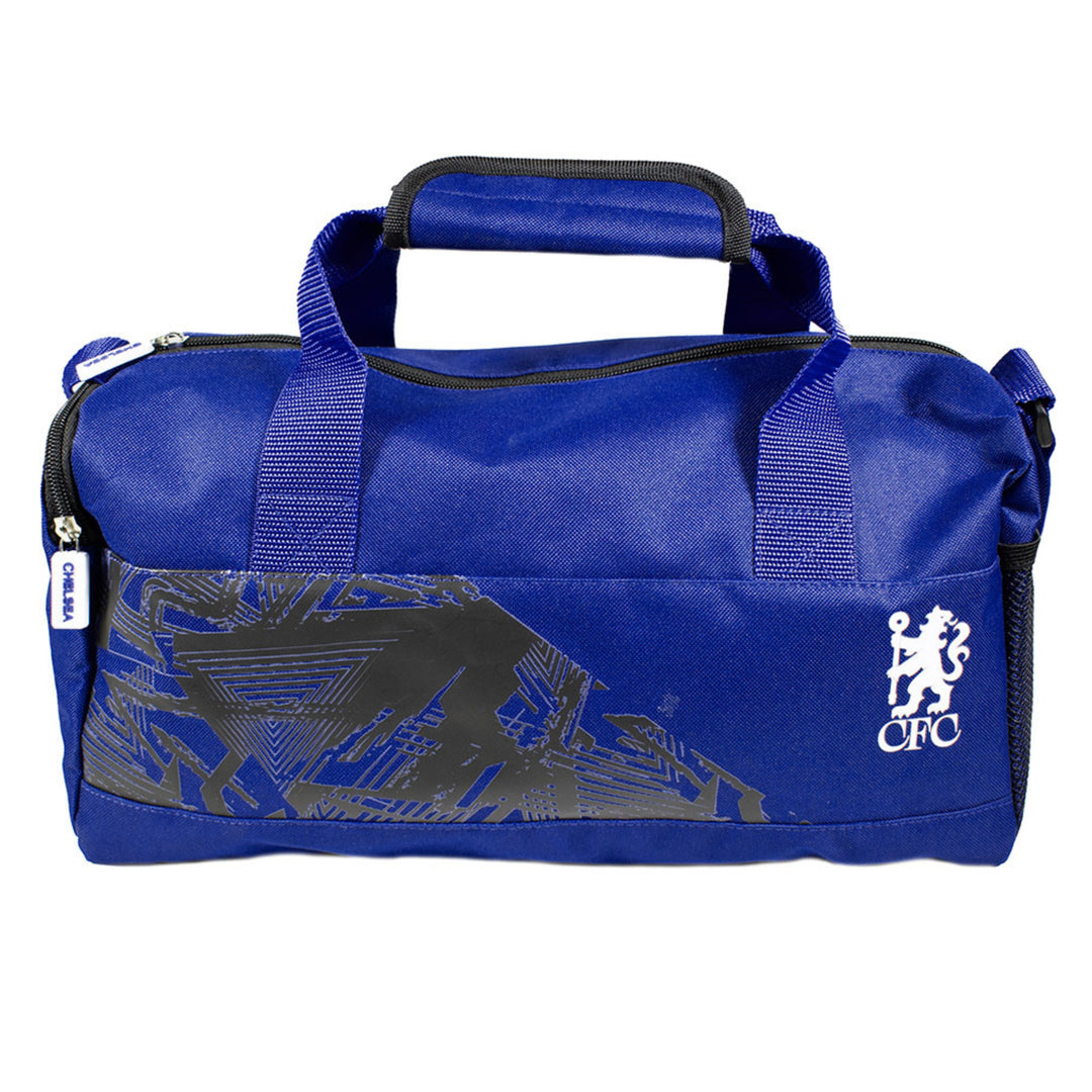 A royal blue Chelsea Football Club duffel bag with a black and blue graphic pattern on the lower front, a white CFC crest logo, and a top carry handle, shown against a plain white background.