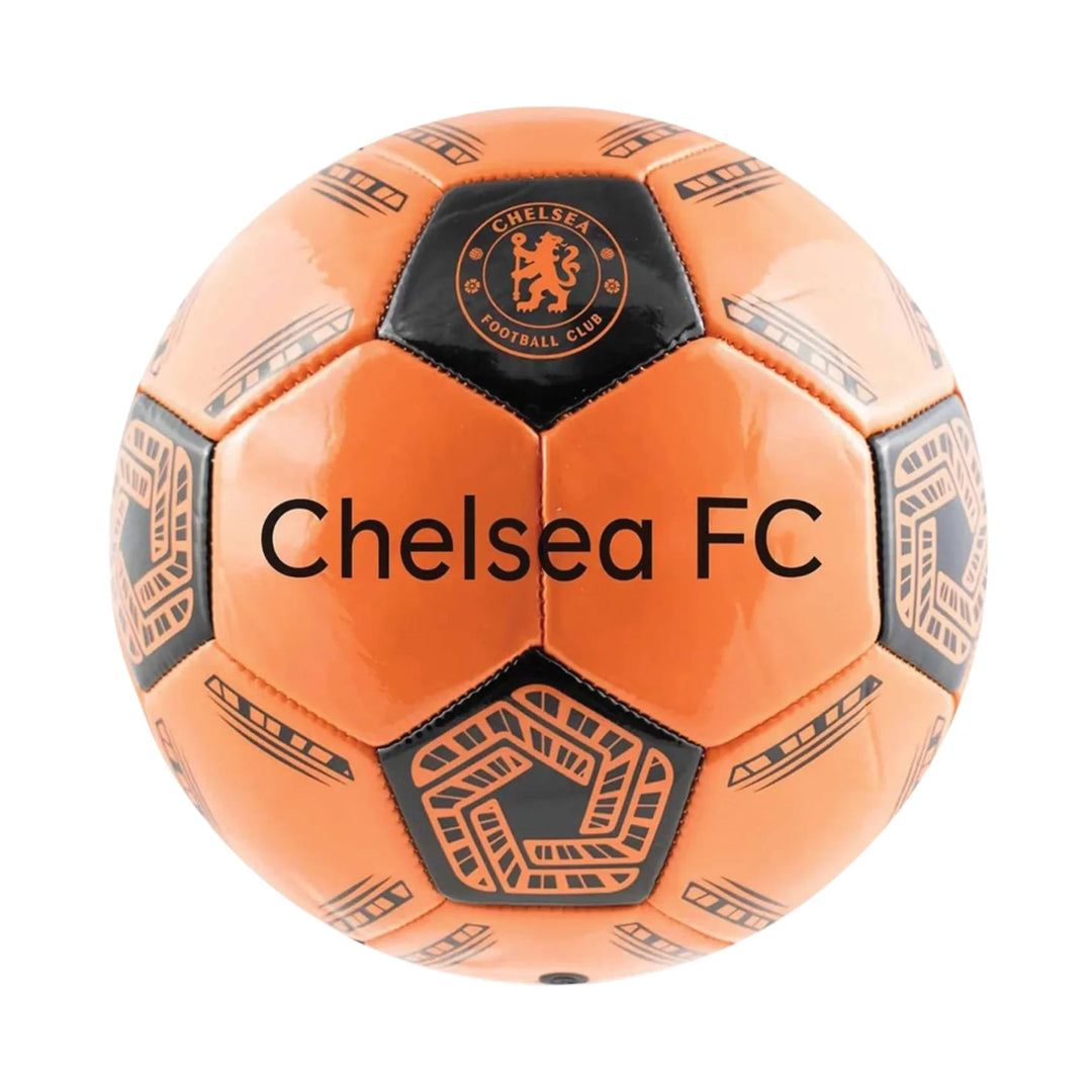 An orange and black Chelsea FC soccer ball with the club's crest and 'Chelsea FC' text printed on it, shown against a plain white background.