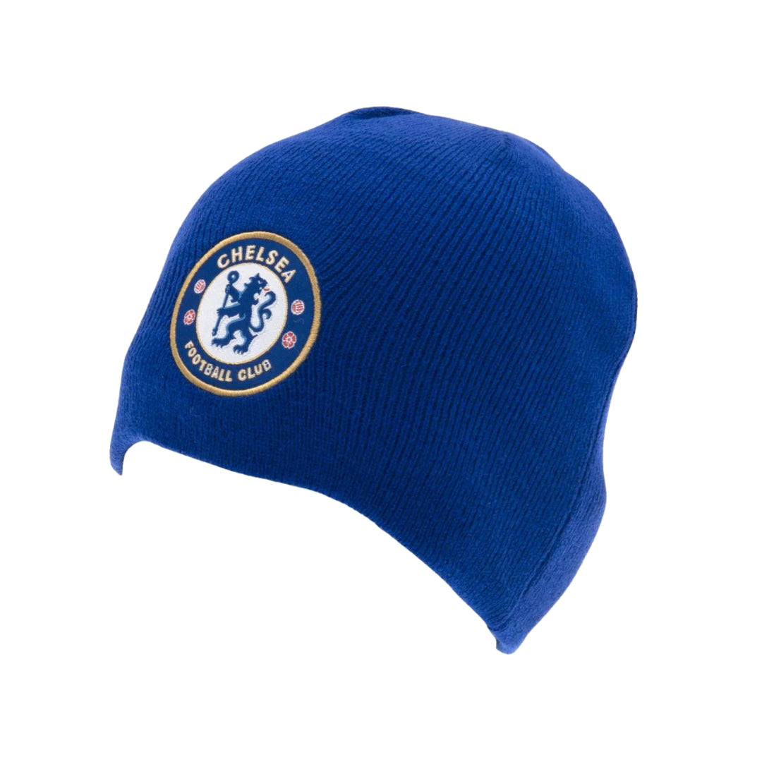 Blue beanie with Chelsea Football Club logo on a white background