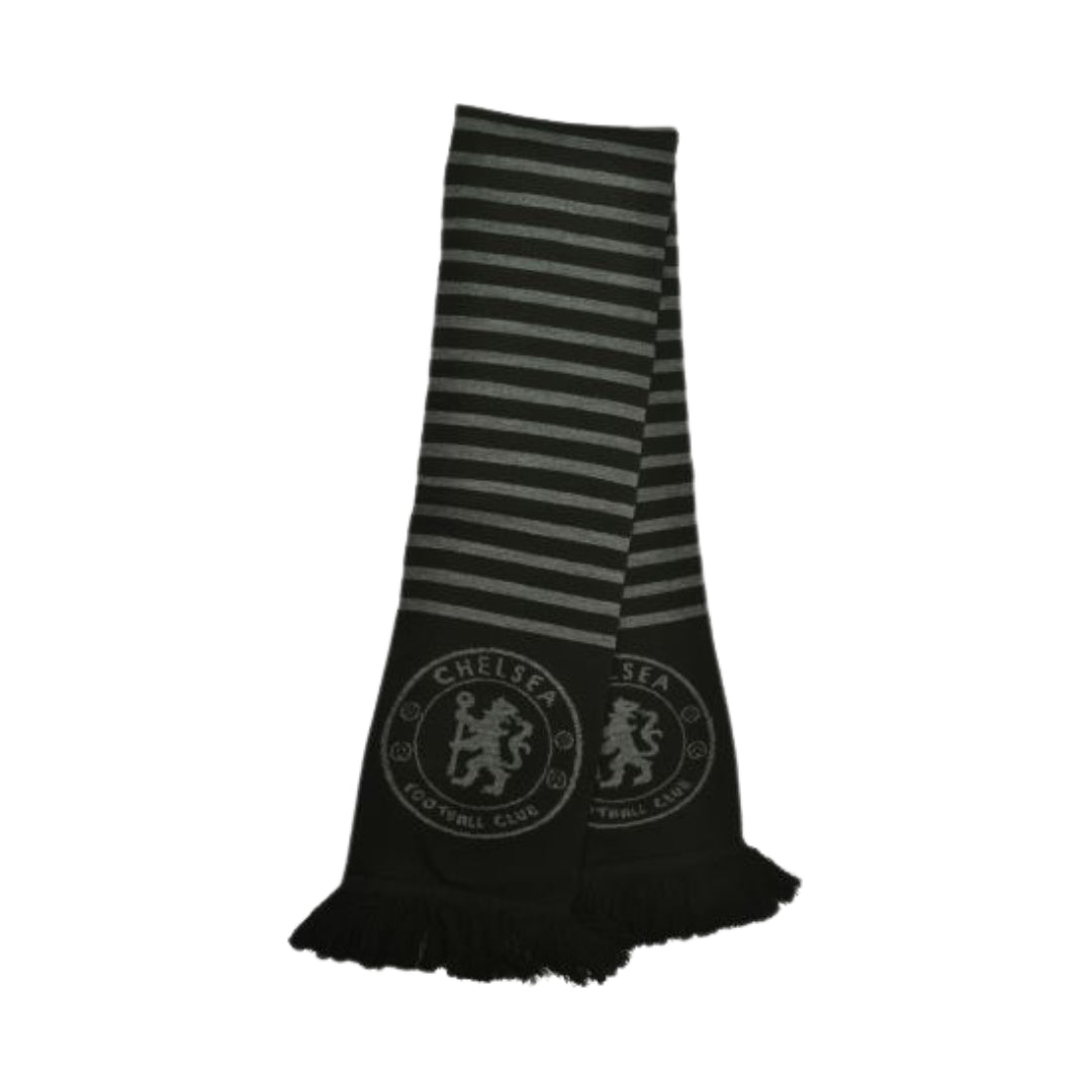 Black and gray striped scarf with a logo on a white background