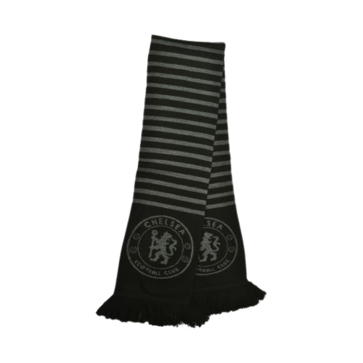 Black and gray striped scarf with a logo on a white background