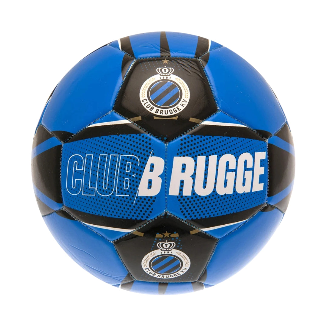 Blue and black soccer ball with Club Brugge KV branding on a white background