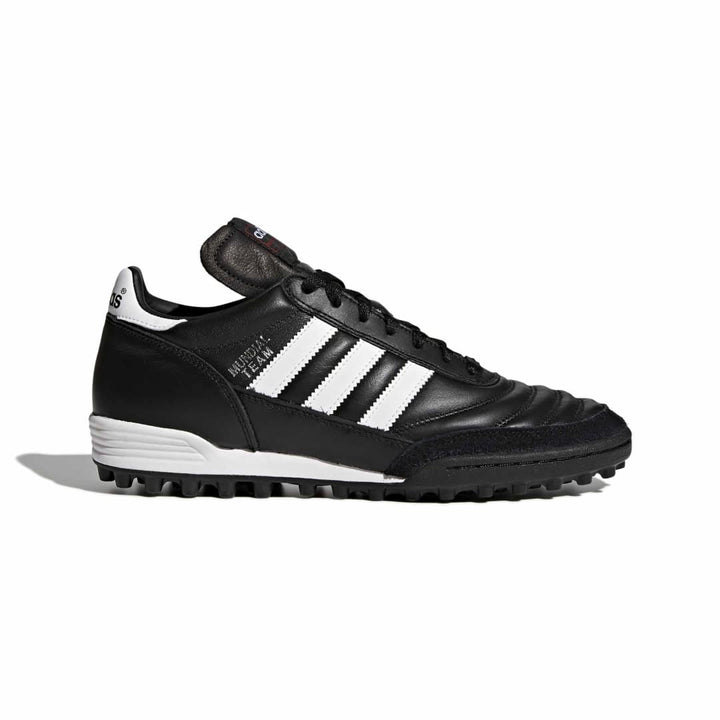 Black and white soccer cleat with Adidas logo on a white background