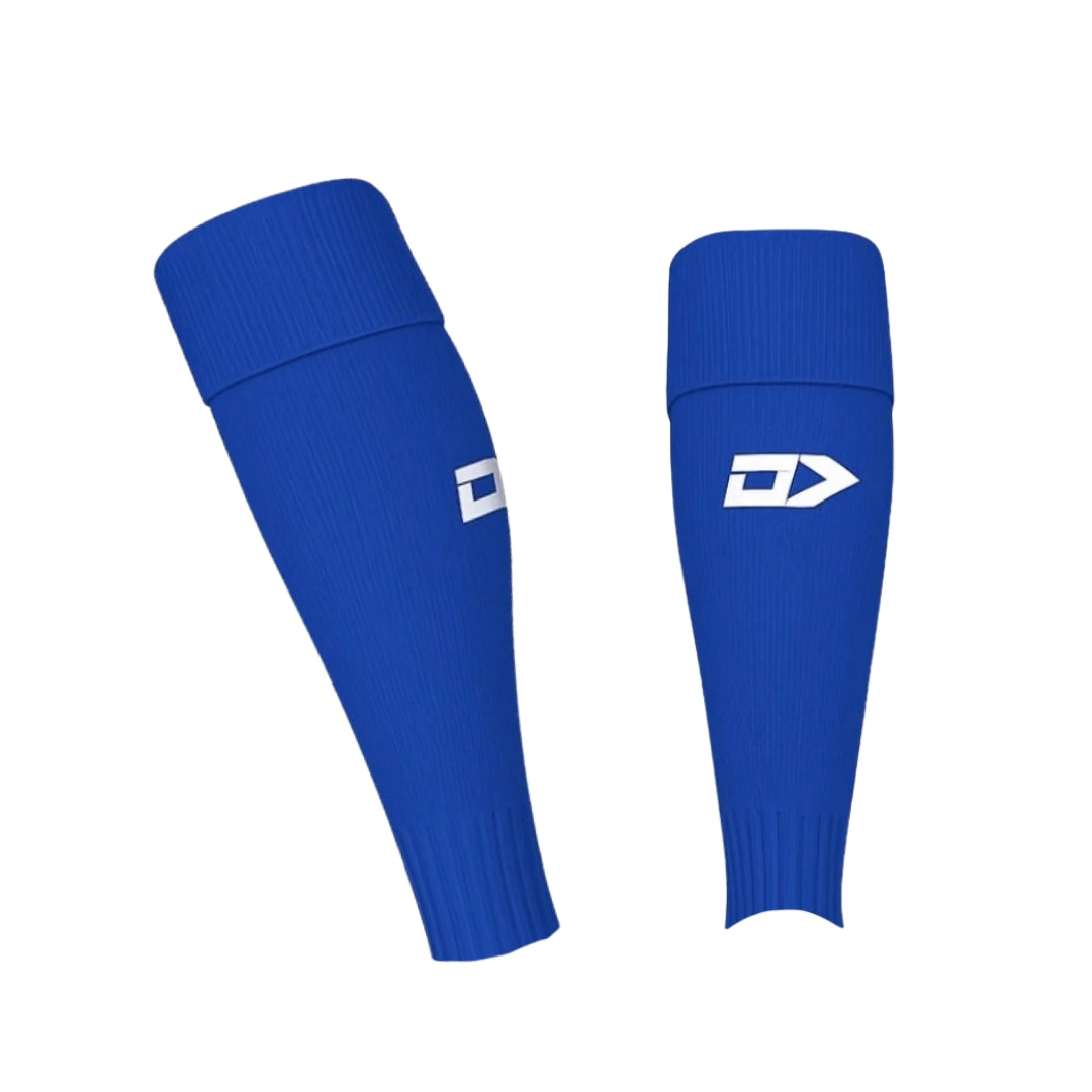 Pair of blue shin guards with a logo on a white background