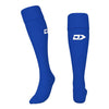 Pair of blue knee-high socks with a logo on a white background