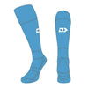 Pair of blue knee-high socks with a logo on a white background